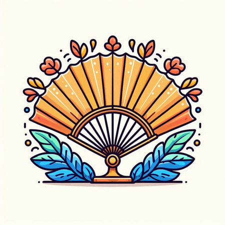 Folding fan with leaves and flowers. Vector hand drawn illustration.のイラスト素材