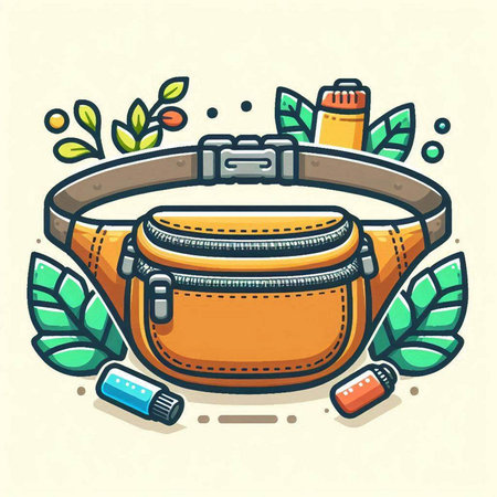 Vector illustration of a leather waist bag with a belt and accessories.のイラスト素材