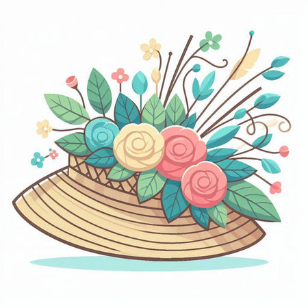 Vector illustration of a summer hat with flowers on a white background.のイラスト素材