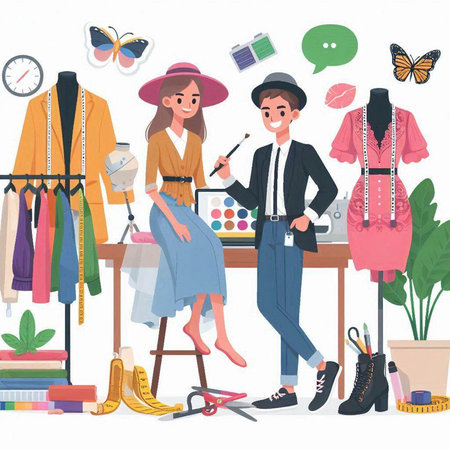 Fashion designer woman and man working in studio. Cartoon vector illustrationのイラスト素材