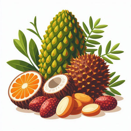 Illustration of tropical fruits with leaves and fruits on white background.のイラスト素材