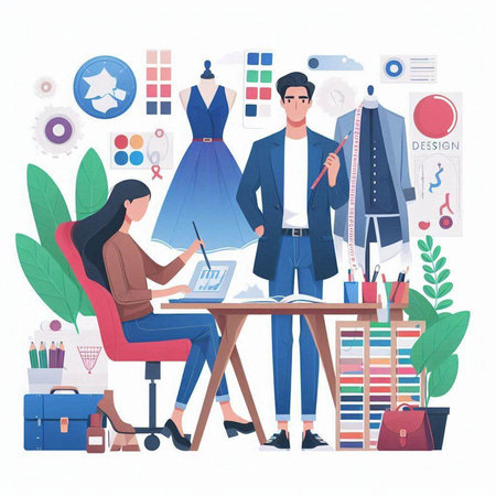 Fashion designers working at the office. Vector illustration in flat styleのイラスト素材