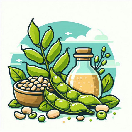 Soybean pods and soy oil in a glass bottle. Vector illustration.のイラスト素材
