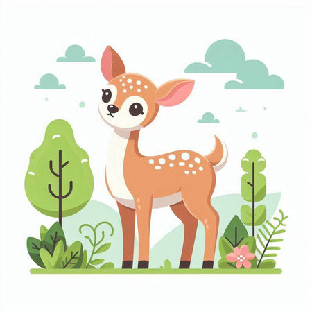 Cute cartoon deer in the forest. Vector illustration in flat styleのイラスト素材