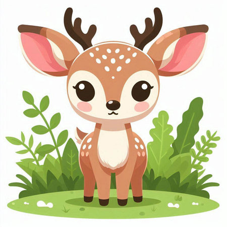 Cute little deer in the forest. Cartoon vector illustration isolated on white background.のイラスト素材