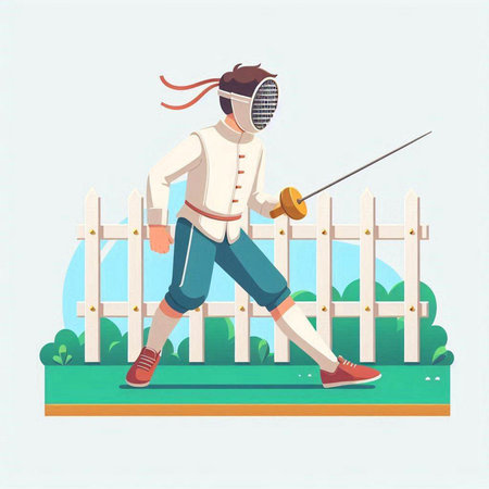Fencing. Vector illustration in flat cartoon style. The girl in the fencing suit with a sword.のイラスト素材