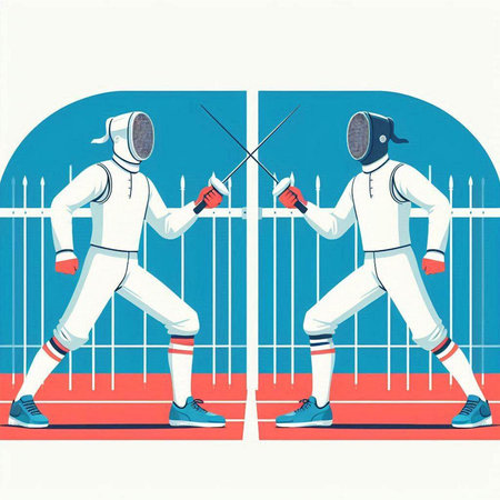 Fencing. Vector illustration of two young men wearing fencing suit and mask.のイラスト素材