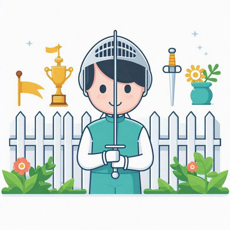 Boy with sword in the garden. Vector illustration on white background.のイラスト素材