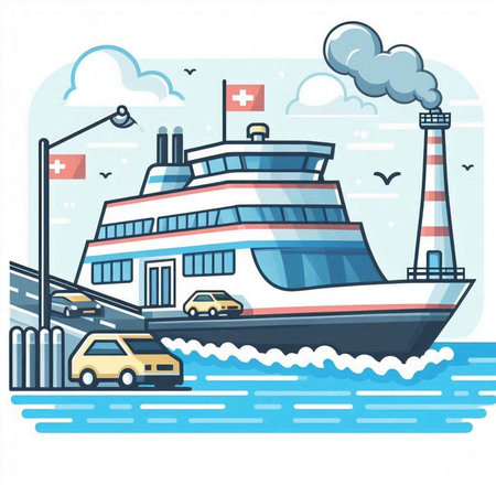 Cruise ship on the road. Vector illustration in flat style.のイラスト素材