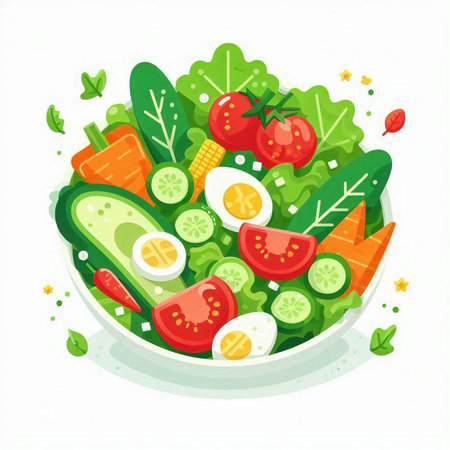 Salad with tomato, cucumber, lettuce, egg and pepper. Healthy food.のイラスト素材