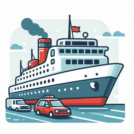 Cruise ship and cars on the road. Vector illustration in flat styleのイラスト素材