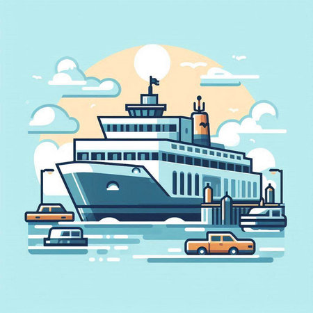 Cruise ship on the background of the city. Vector illustration.のイラスト素材