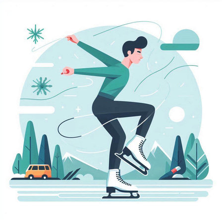 Winter sport. Young man skating on ice rink. Vector illustration.のイラスト素材