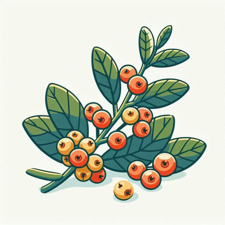Branch of rowan with berries and green leaves. Vector illustration.のイラスト素材