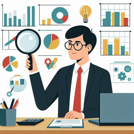 Businessman with magnifying glass working at the office. Vector illustrationのイラスト素材