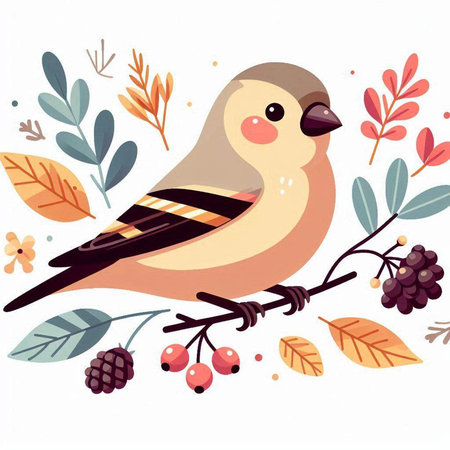 Vector illustration of cute bullfinch sitting on a branch with berries.のイラスト素材