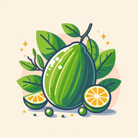 Fruit icon. Vector illustration of watermelon with green leaves.のイラスト素材
