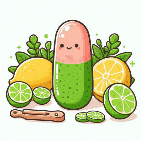 Cute cartoon lemonade with lime and herbs. Vector illustration.のイラスト素材