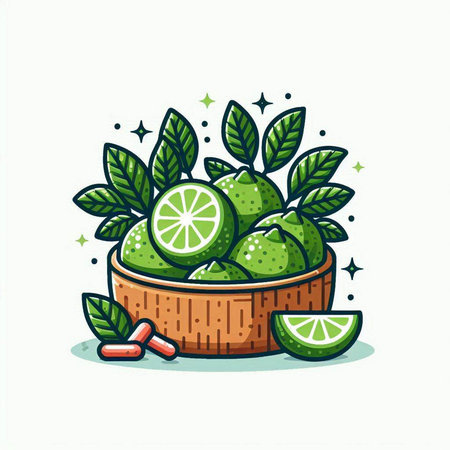 Lime fruit in a wooden bowl with green leaves. Vector illustration.のイラスト素材
