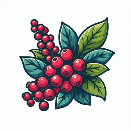 Ripe red berries with green leaves isolated on white background. Vector illustration.のイラスト素材