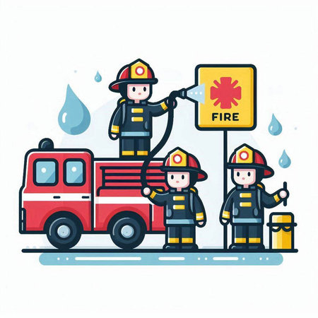 Fireman and fire truck with fire extinguisher. Vector illustration.のイラスト素材