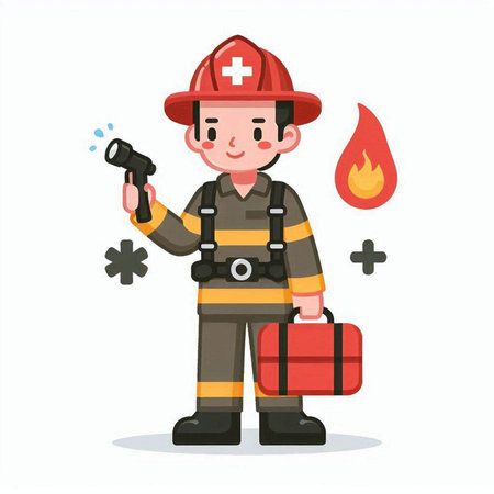 Firefighter with fire extinguisher and first aid kit. Vector illustration.のイラスト素材