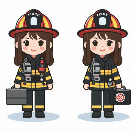 Fireman and firewoman cartoon characters vector illustration. Fireman and firewoman characters.のイラスト素材