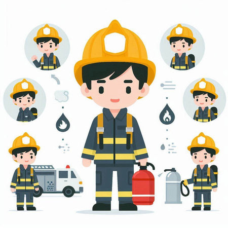 Illustration of a Firefighter with a set of safety related iconsのイラスト素材