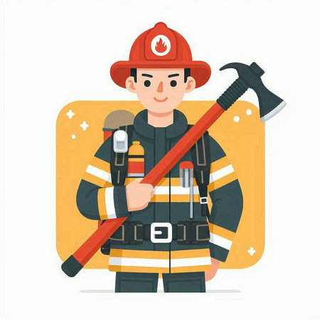 Firefighter holding axe and helmet. Vector illustration in flat style.のイラスト素材