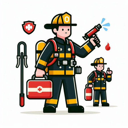 Fireman with fire extinguisher and other firefighter. Vector illustration.のイラスト素材