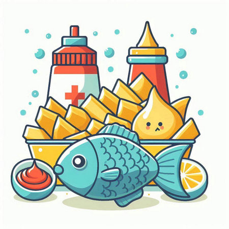 Cute cartoon vector illustration of fish, potato chips and sauce.のイラスト素材