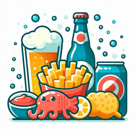 Beer and snacks. Vector illustration of beer, chips, crackers, fishpus and squid.のイラスト素材