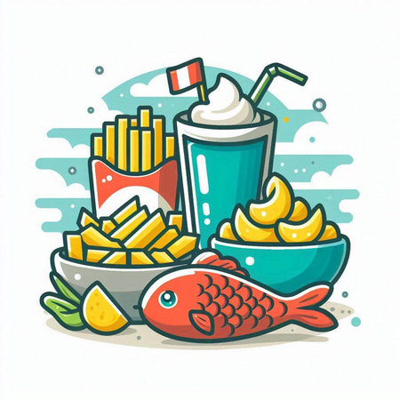 Fried fish, chips and drink on white background. Vector illustration.のイラスト素材
