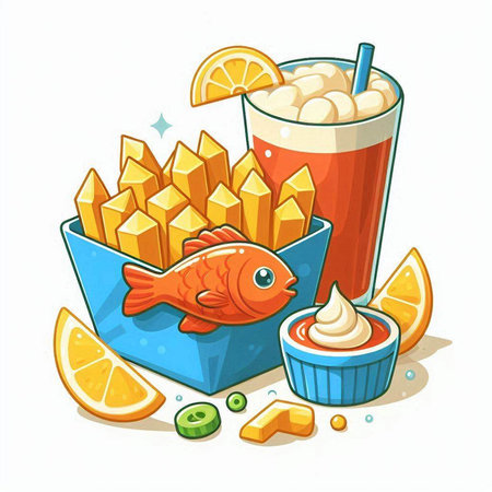 Illustration of a bowl of food with fish, chips and juiceのイラスト素材