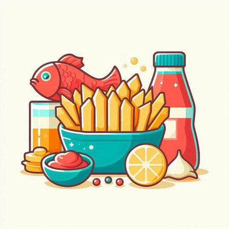 Fried fish with potato chips, ketchup and lemon. Vector illustrationのイラスト素材
