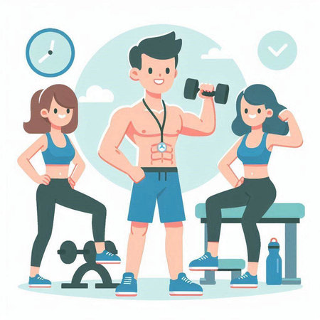 Sporty people training with dumbbells in gym. Vector illustrationのイラスト素材