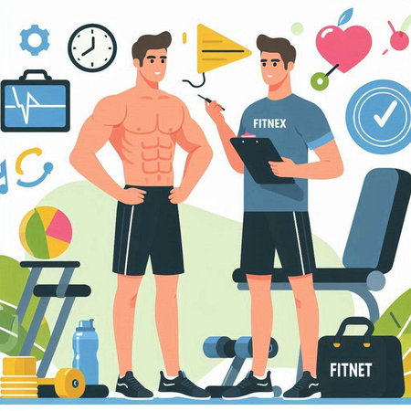 Fitness concept. Vector flat cartoon illustration of man in gym, healthy lifestyle.のイラスト素材