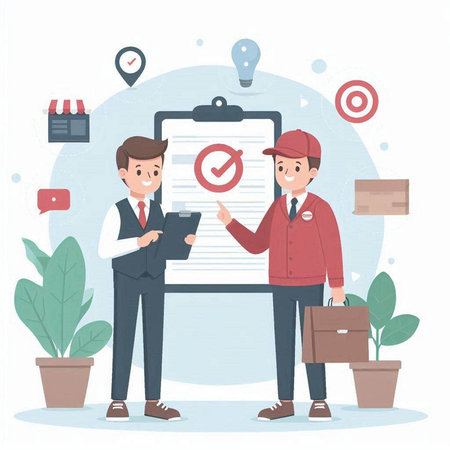 Courier and delivery man with checklist. Vector illustration in flat styleのイラスト素材