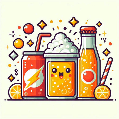 Vector illustration of orange juice with ice cubes, straws and soda.のイラスト素材