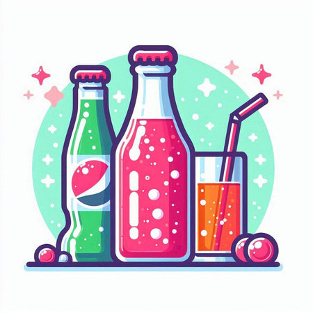 Bottles with drinks and cocktails. Colorful flat vector illustration.のイラスト素材