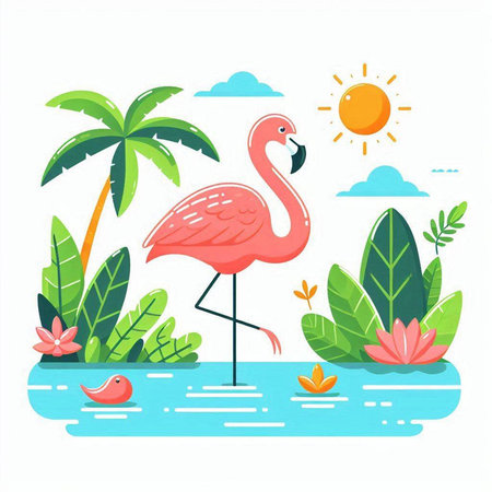 Pink flamingo on the island with palm trees and flowers. Flat vector illustration.のイラスト素材