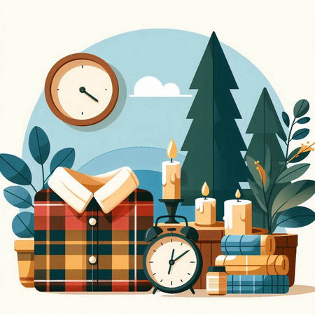 Vector illustration of a cozy room with a fireplace, a plaid shirt, a stack of books, a clock and candles.のイラスト素材