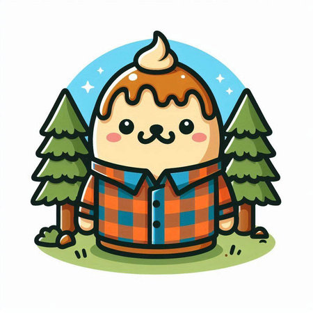 Cute cartoon snowman in plaid shirt with pine trees.のイラスト素材