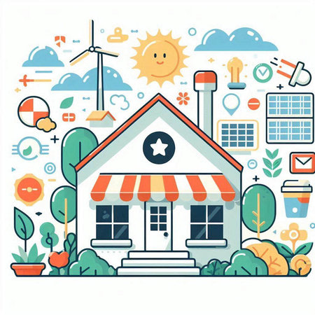 Vector illustration of modern flat design concept of eco friendly house with solar panels, windmills, solar panels, sun and plants.のイラスト素材