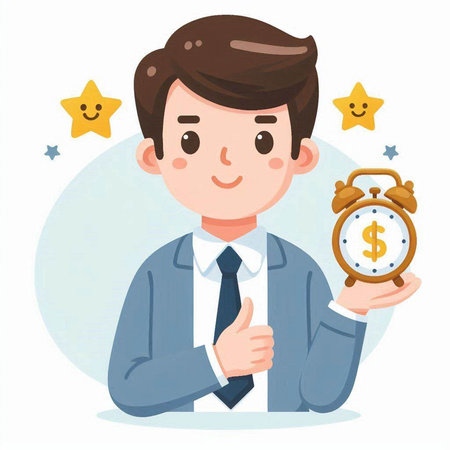 Businessman holding clock and showing thumbs up. Business concept illustration.のイラスト素材