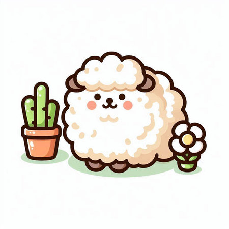 Cute sheep and cactus. Vector illustration in cartoon style.のイラスト素材