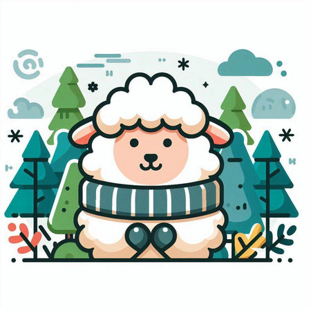 Cute cartoon sheep with scarf in the forest. Vector illustration.のイラスト素材