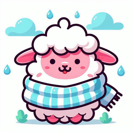 Cute sheep with scarf and rain drops. Vector cartoon illustration.のイラスト素材