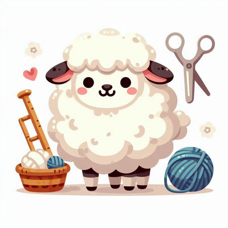 Sheep with yarn ball and knitting tools. Cute cartoon vector illustration.のイラスト素材