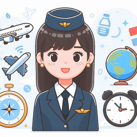 flight attendant with set of icons on white background, vector illustration.のイラスト素材